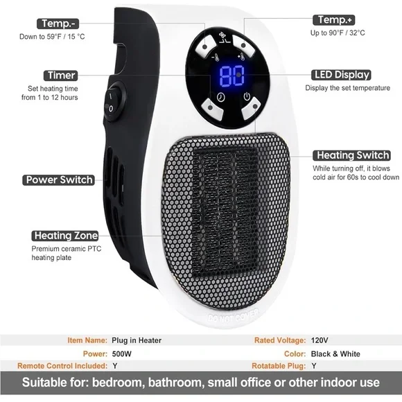 Compact Wall-Mounted Electric Heater - Black and White - Picture 5 of 11